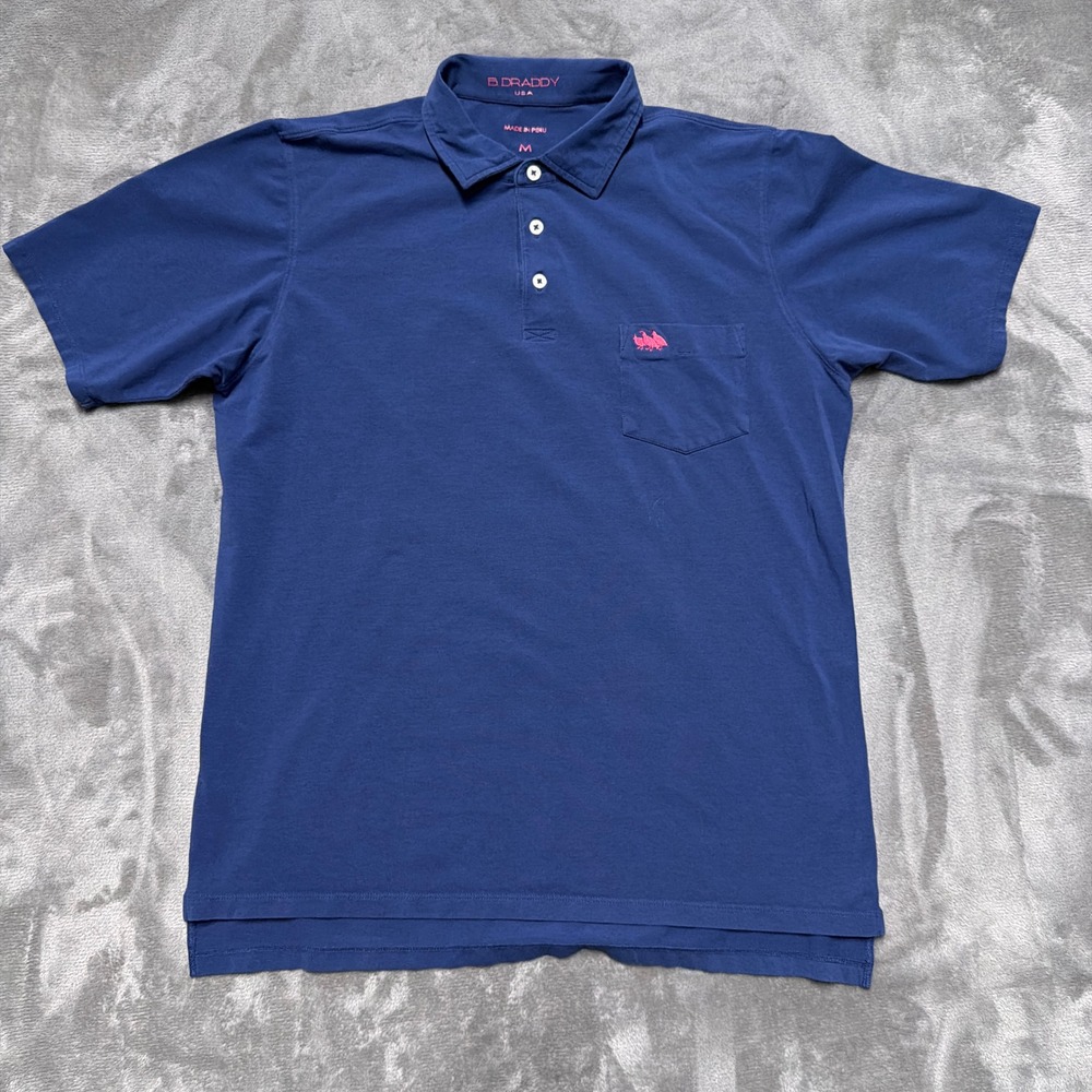 B. Draddy Polo Shirt Mens Medium Blue Pima Cotton Spandex Pocket